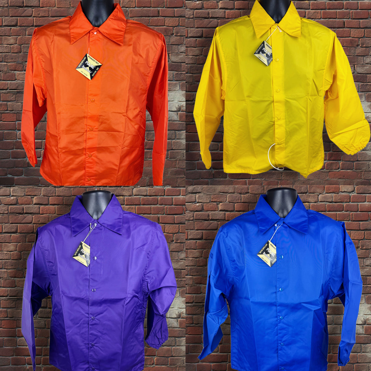 Four long-sleeve snap-front closure nylon jackets displayed on black mannequins against a brick wall background, shown in orange, yellow, purple, and blue. Each jacket has a small diamond-shaped brand tag on the chest.