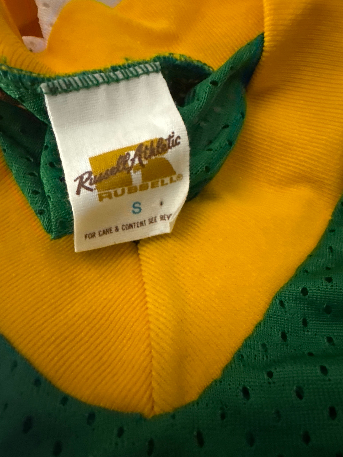 Vintage Russell Athletic Small 1970s Gold-Tag Nylon Mesh Jersey Green Gold White Deadstock