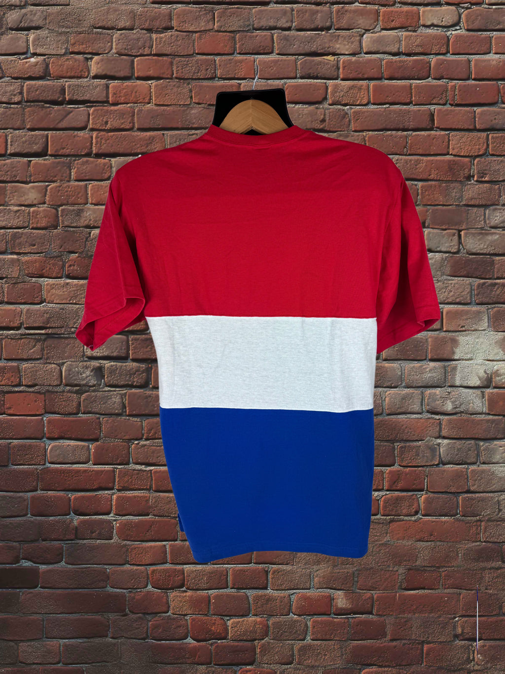 Drop Zero — Outfit 3 (Medium) — Russell Three‑Panel Tee + Gym Shorts + Tube Socks + AJD Hat — Red/White/Blue