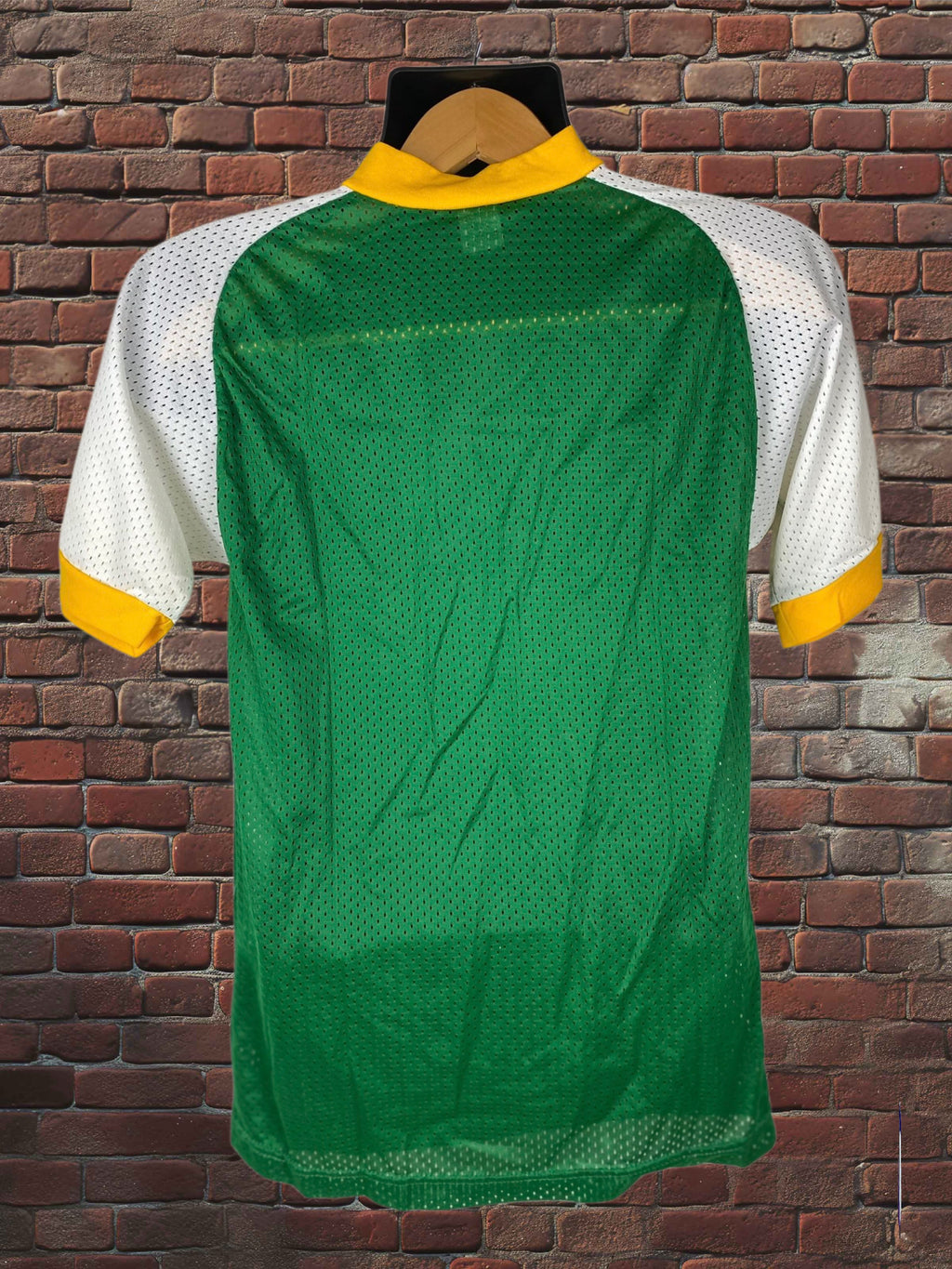 Vintage Russell Athletic Small 1970s Gold-Tag Nylon Mesh Jersey Green Gold White Deadstock