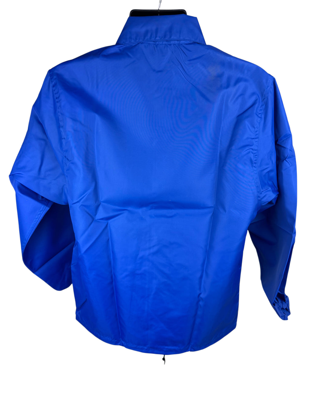 A bright royal blue lightweight jacket or windbreaker shown from the back, hanging against a plain white background.