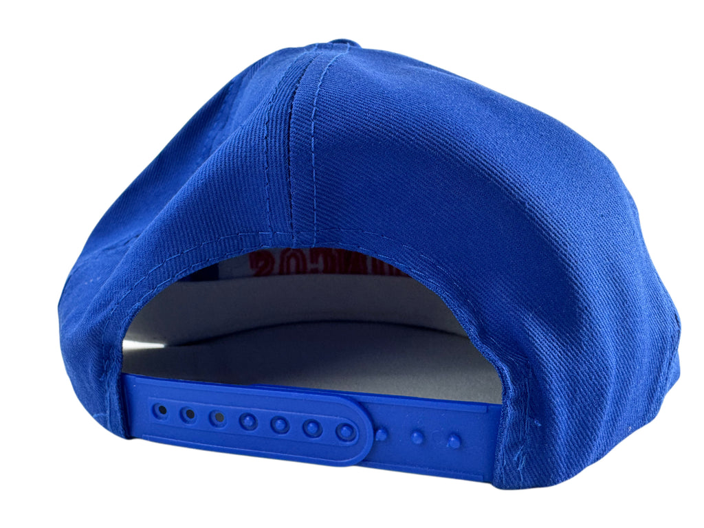 A royal blue snapback cap shown from the back, featuring a structured fabric crown and an adjustable blue plastic strap with ventilation holes, isolated on a white background.