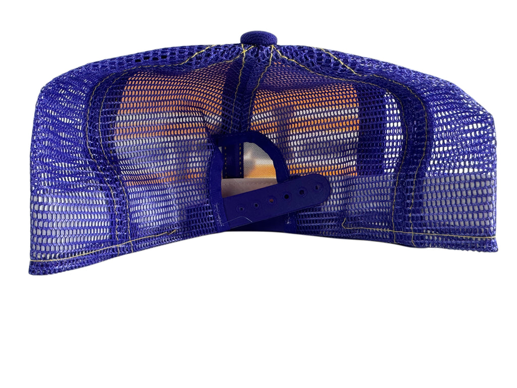 A blue mesh trucker-style cap viewed from the back, showing the mesh back panels, blue fabric crown, and adjustable snapback closure on a plain white background.