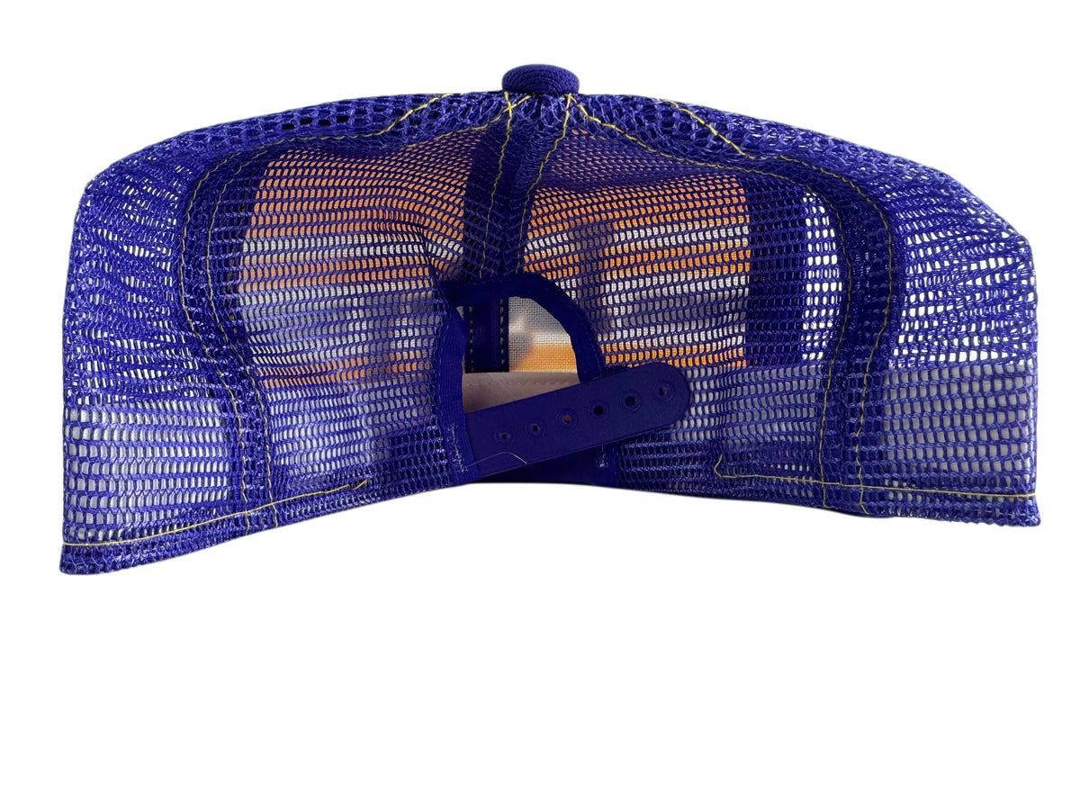 A blue mesh trucker-style cap viewed from the back, showing the mesh back panels, blue fabric crown, and adjustable snapback closure on a plain white background.