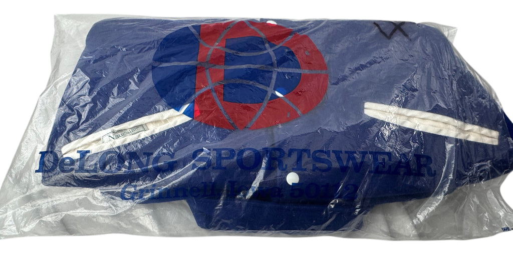 A blue and white lettermen's jacket wrapped in clear plastic packaging with a large red and blue logo and the text 'DeLONG SPORTSWEAR' visible on the front, against a plain white background.