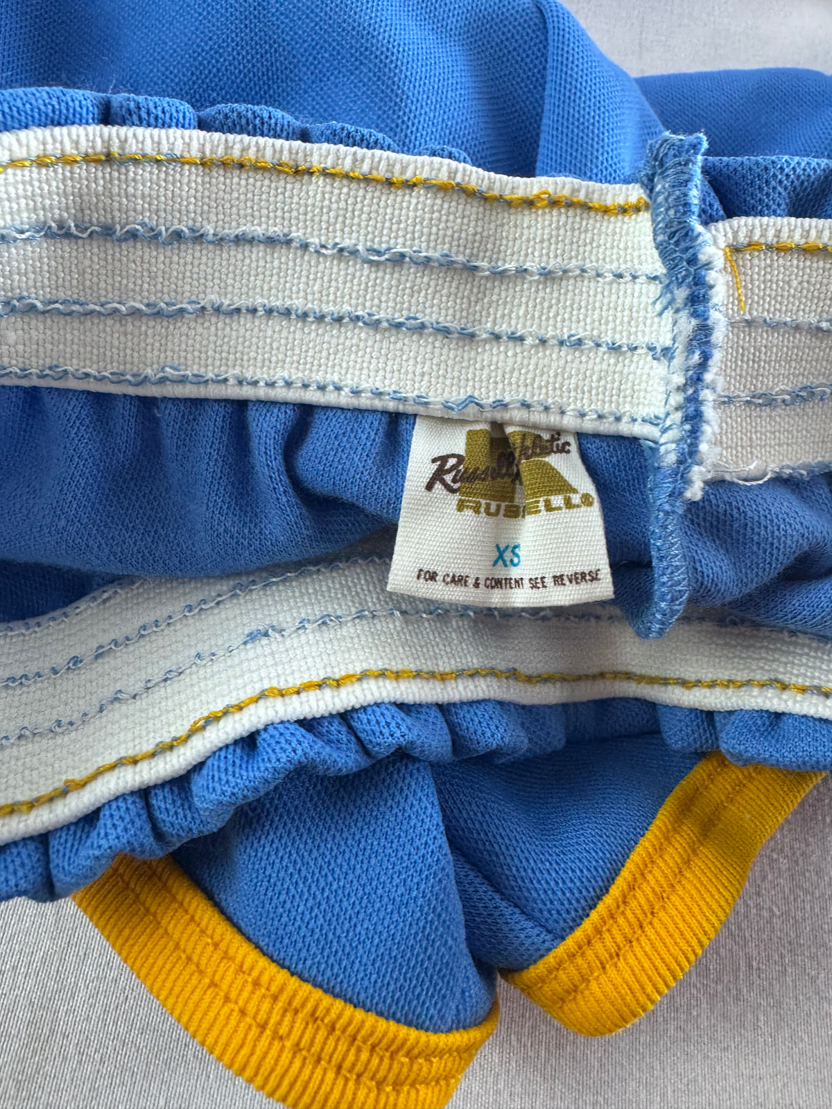 Vintage Russell Athletic XS Gym Shorts Columbia Blue/Gold Deadstock NWOT Gold Tag 70s