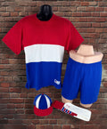 Drop Zero — Outfit 3 (Medium) — Russell Three‑Panel Tee + Gym Shorts + Tube Socks + AJD Hat — Red/White/Blue