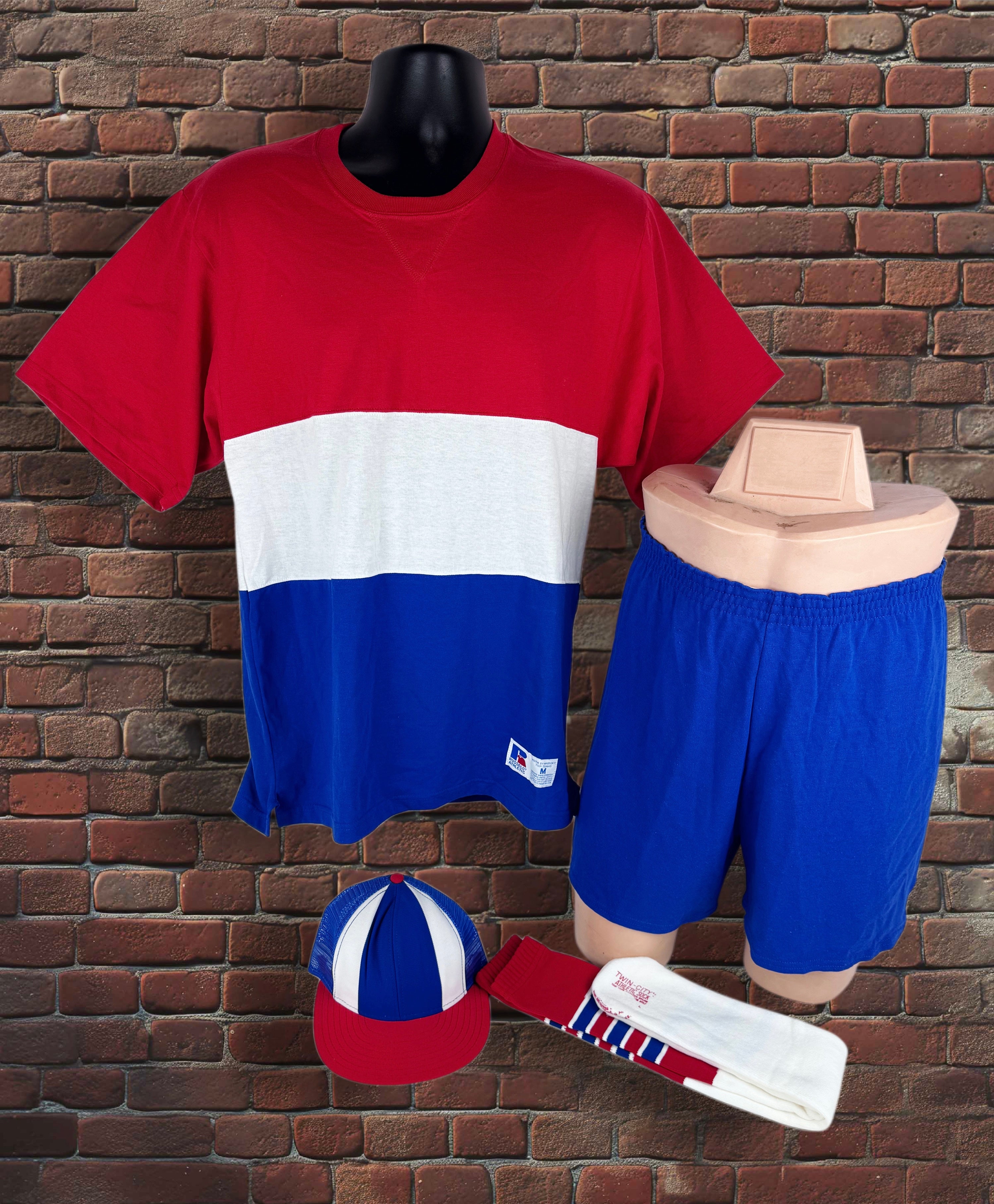 Drop Zero — Outfit 3 (Medium) — Russell Three‑Panel Tee + Gym Shorts + Tube Socks + AJD Hat — Red/White/Blue
