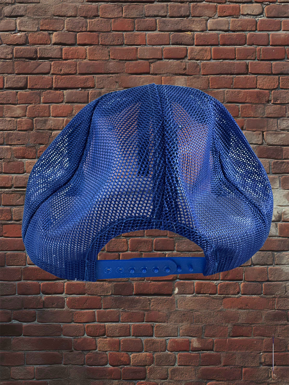 A blue mesh baseball cap shown from the back, featuring a solid blue fabric back strap and snap closure, set against a red-brown brick wall background.