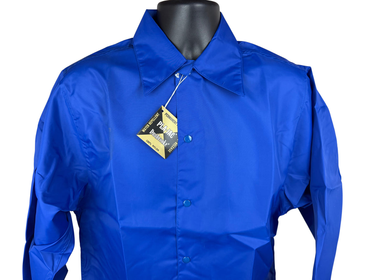 A bright royal blue long-sleeve snap-front closure nylon jacket  displayed on a black mannequin torso against a plain white background, with a yellow and black hangtag attached near the collar.