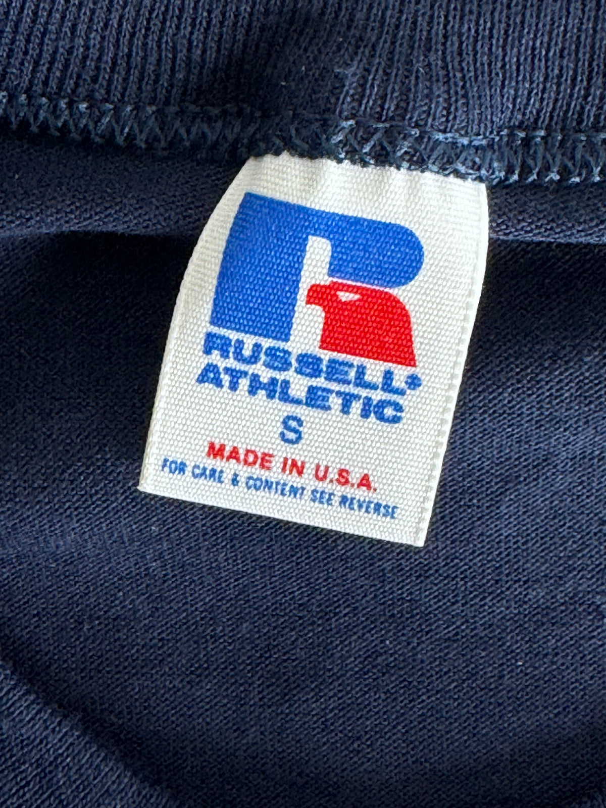 Vintage 1980s Russell Athletic Small Navy Blue T-Shirt – Made in USA – 50/50 Blend