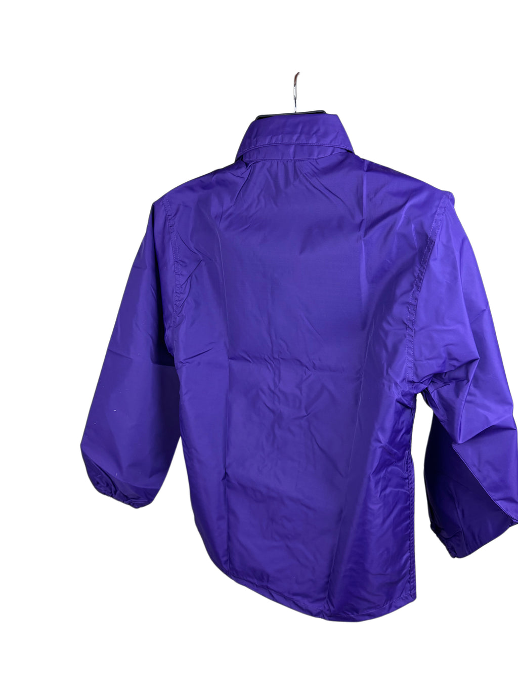 A purple lightweight jacket or windbreaker shown from the back, hanging on a hanger against a plain white background.