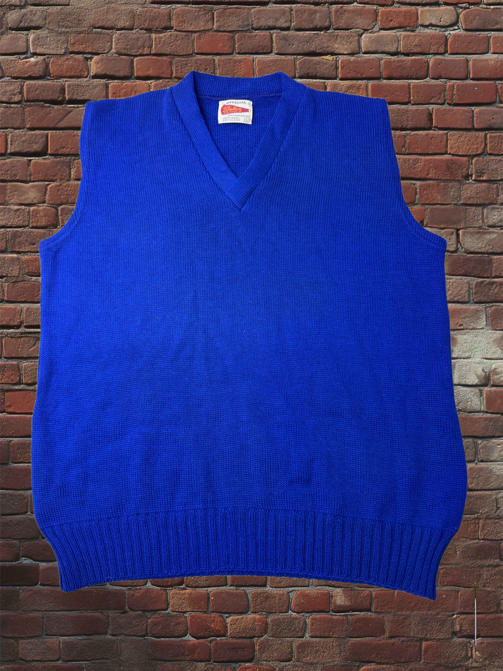 A bright royal blue ribbed knit sweater vest displayed on a black mannequin torso, set against a red-brown brick wall background.