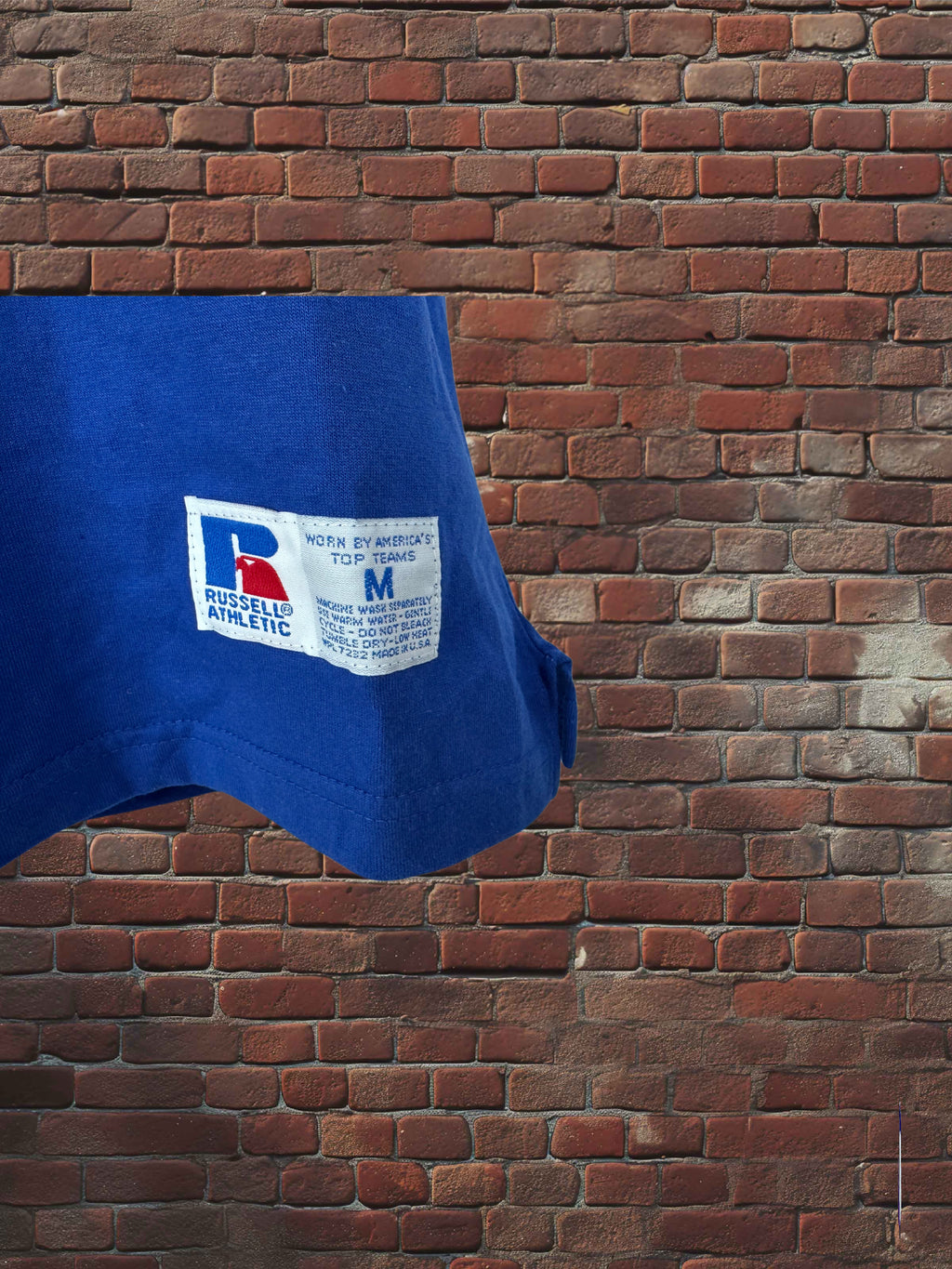 Drop Zero — Outfit 3 (Medium) — Russell Three‑Panel Tee + Gym Shorts + Tube Socks + AJD Hat — Red/White/Blue