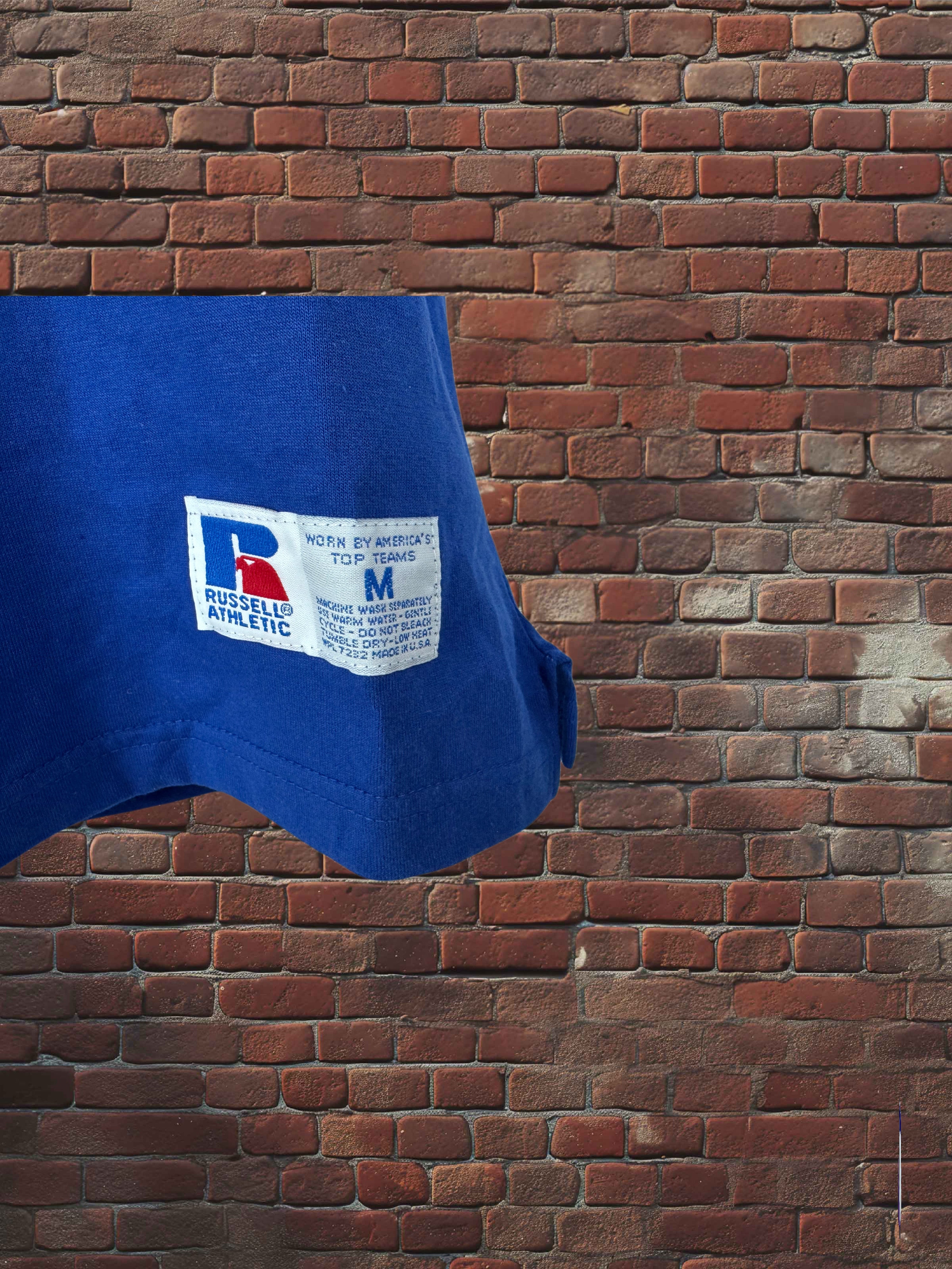 Drop Zero — Outfit 3 (Medium) — Russell Three‑Panel Tee + Gym Shorts + Tube Socks + AJD Hat — Red/White/Blue