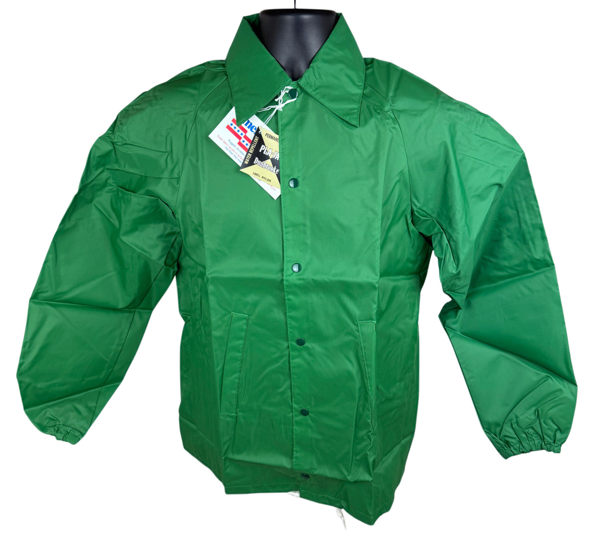 A bright green lightweight jacket displayed on a black mannequin torso against a plain white background, with a hangtag attached near the collar.
