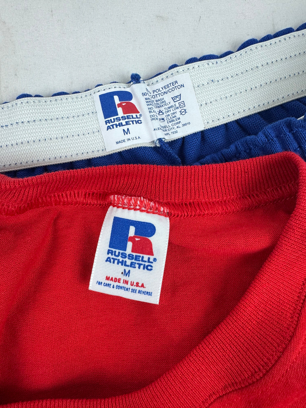 Drop Zero — Outfit 3 (Medium) — Russell Three‑Panel Tee + Gym Shorts + Tube Socks + AJD Hat — Red/White/Blue