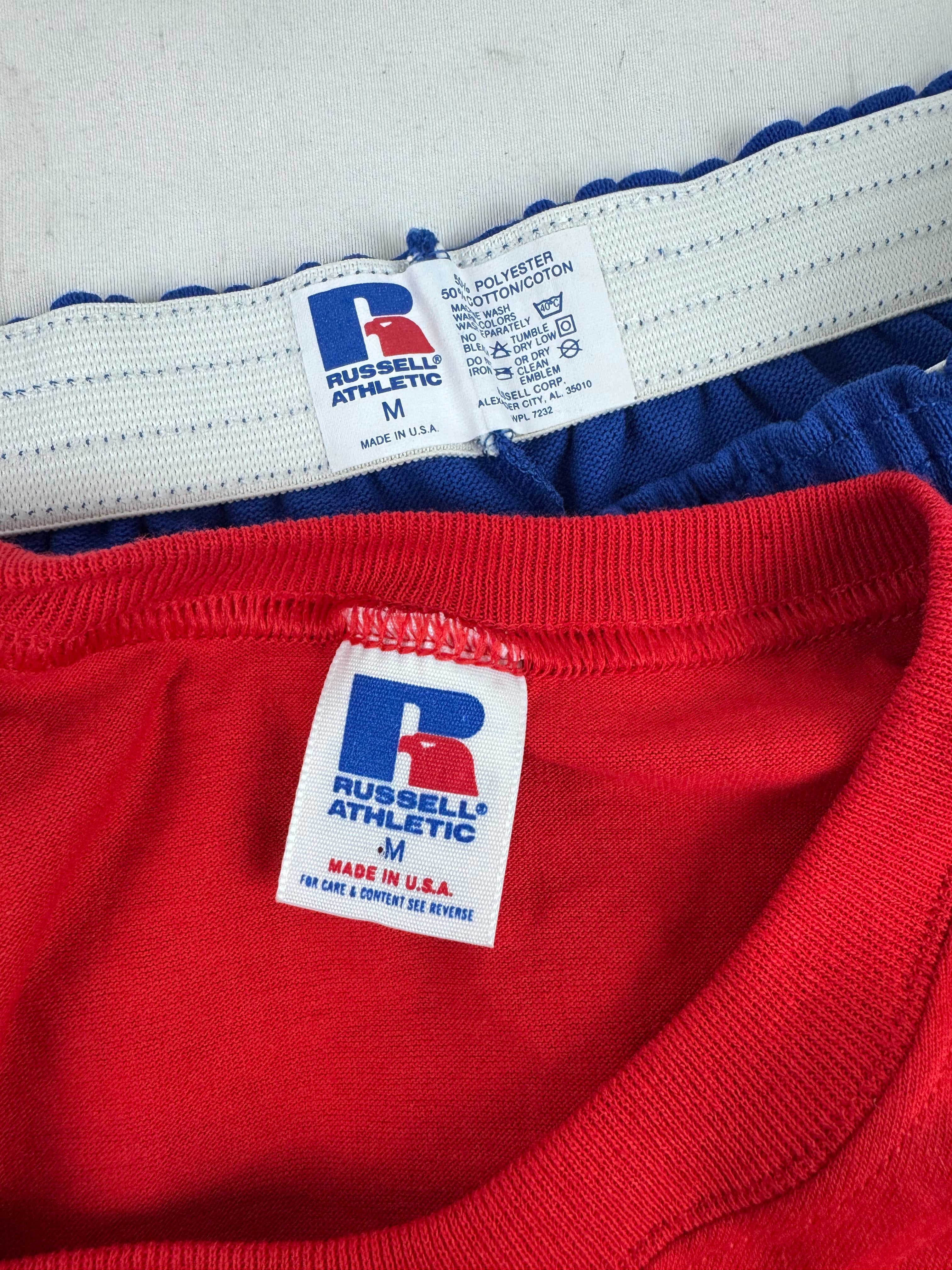 Drop Zero — Outfit 3 (Medium) — Russell Three‑Panel Tee + Gym Shorts + Tube Socks + AJD Hat — Red/White/Blue