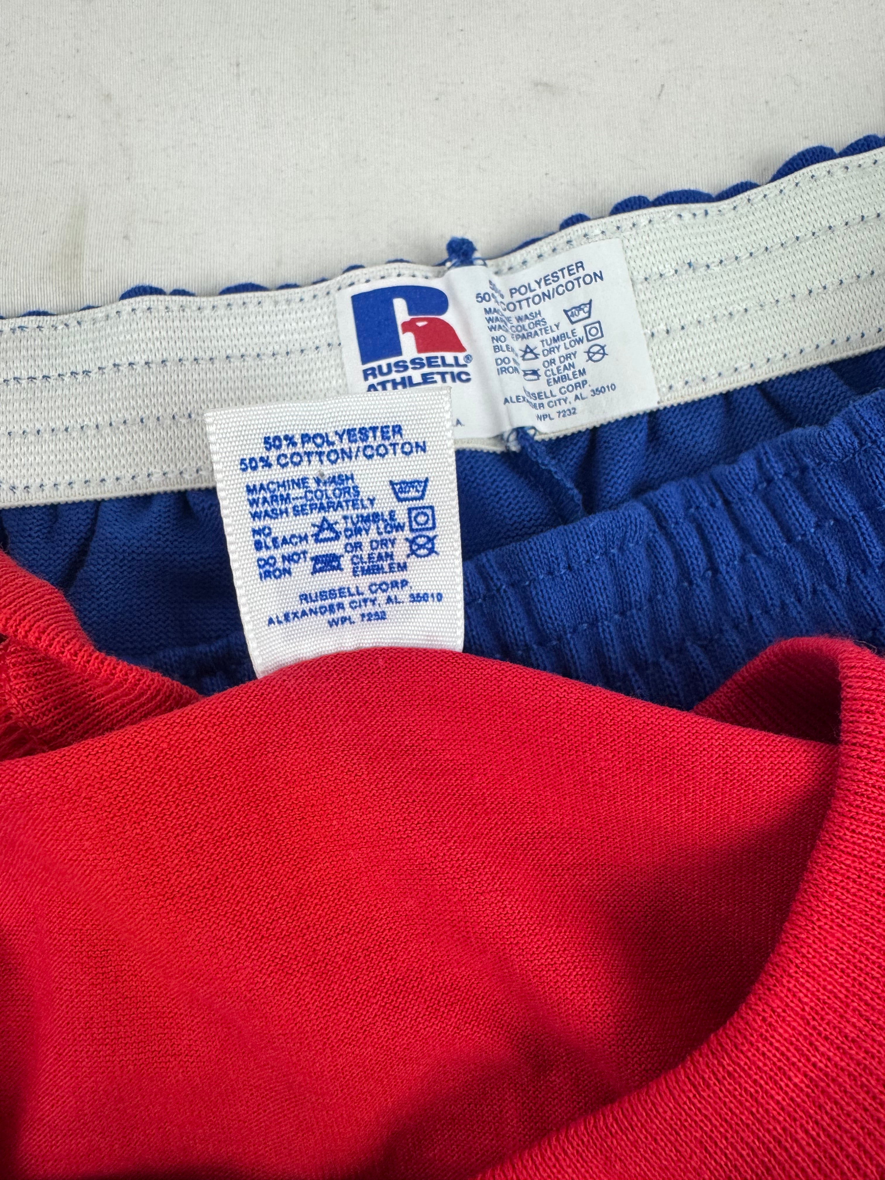 Drop Zero — Outfit 3 (Medium) — Russell Three‑Panel Tee + Gym Shorts + Tube Socks + AJD Hat — Red/White/Blue