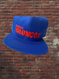 A royal blue snapback cap with 'DENVER BRONCOS' embroidered in red and orange on the front, shown against a red-brown brick wall background.