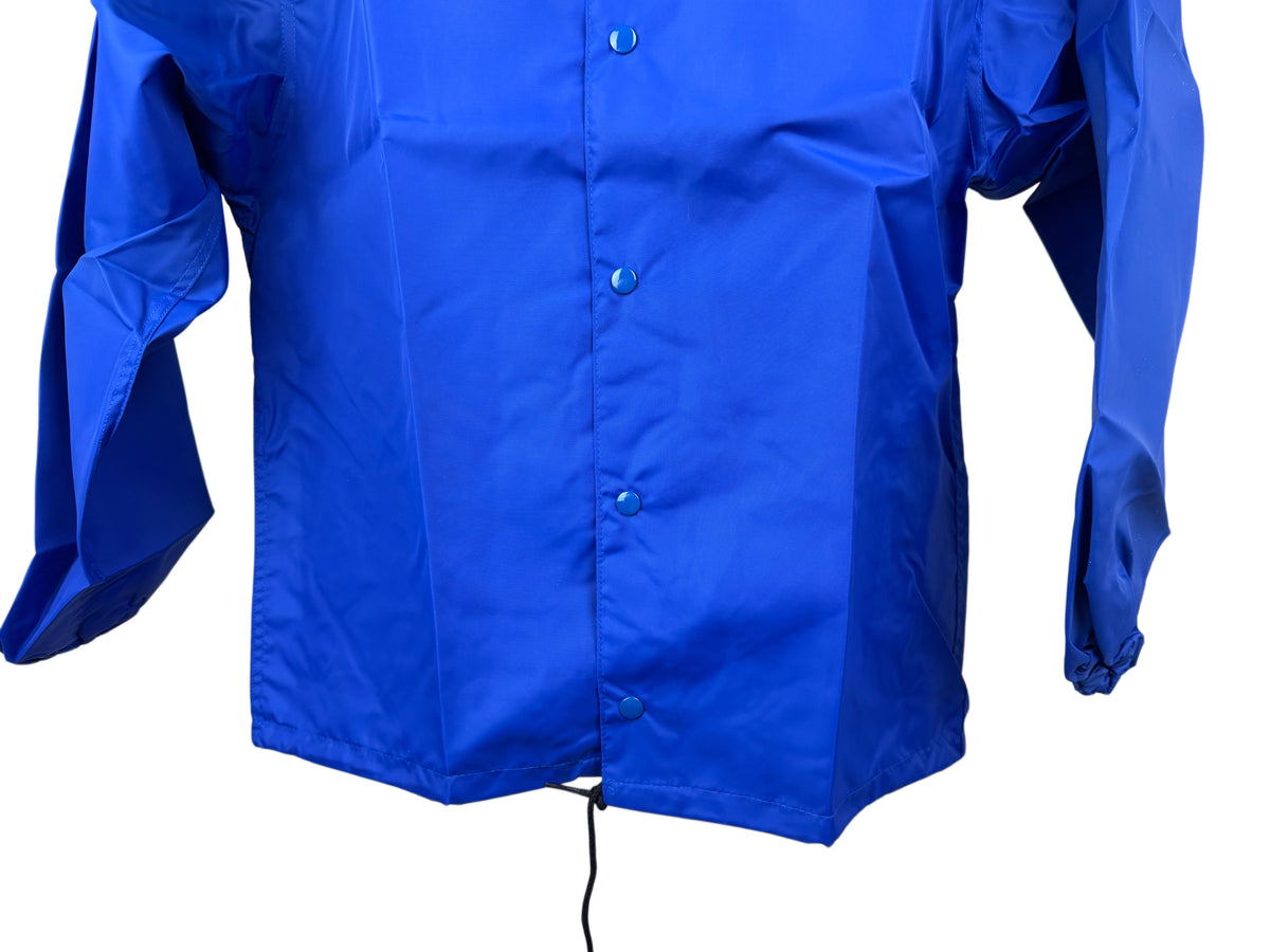 A bright royal blue lightweight jacket with a snap-front closure and drawstring hem, shown against a plain white background.