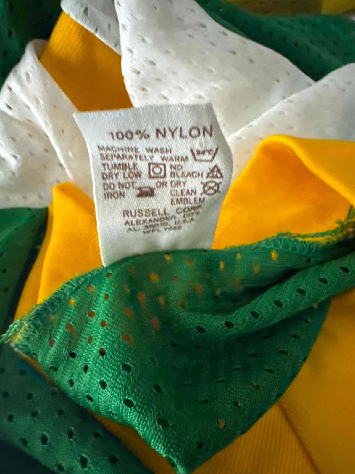 Vintage Russell Athletic Small 1970s Gold-Tag Nylon Mesh Jersey Green Gold White Deadstock