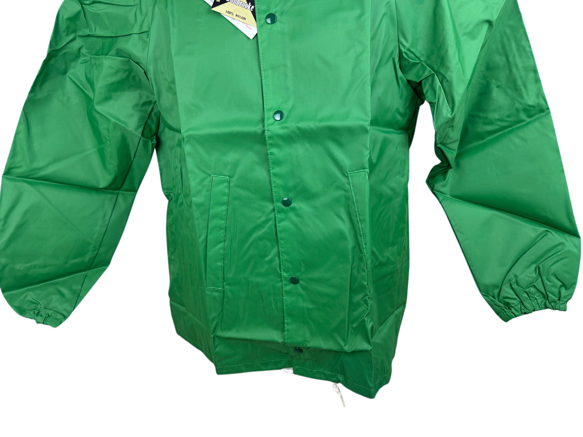 A bright green lightweight jacket with a snap-button front, long sleeves, and front pockets, shown against a plain white background.