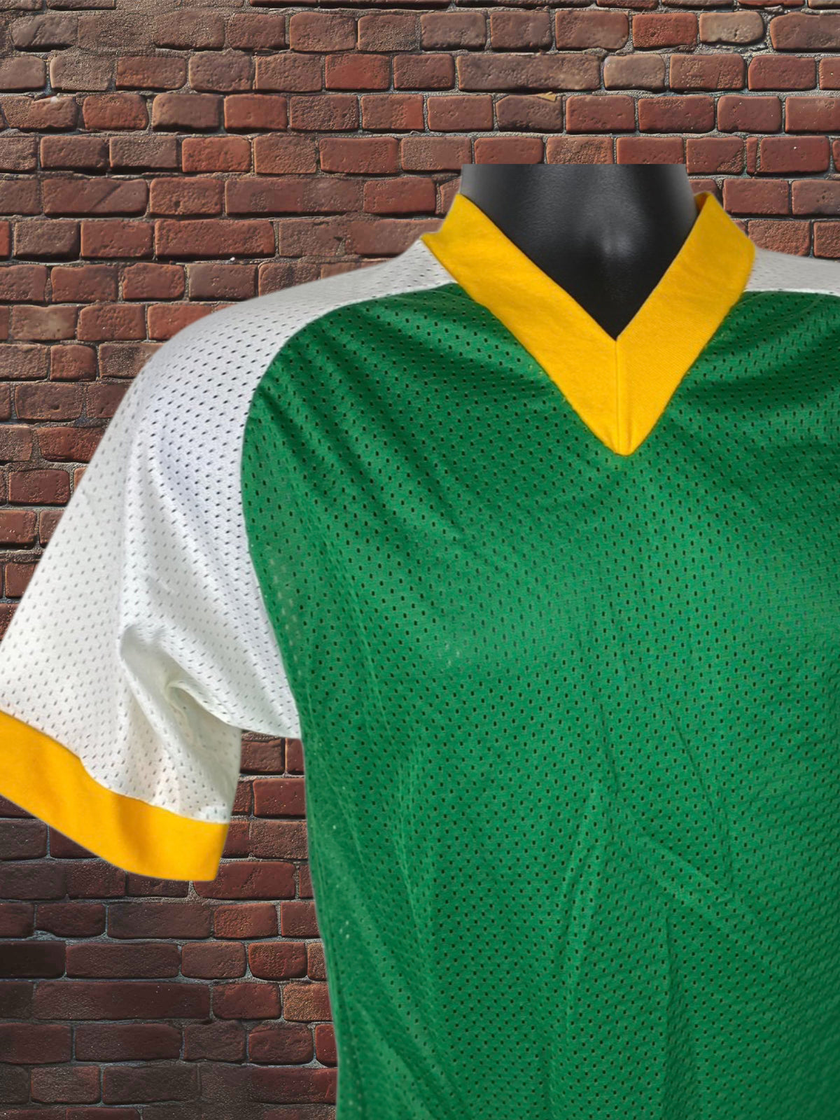 Vintage Russell Athletic Small 1970s Gold-Tag Nylon Mesh Jersey Green Gold White Deadstock