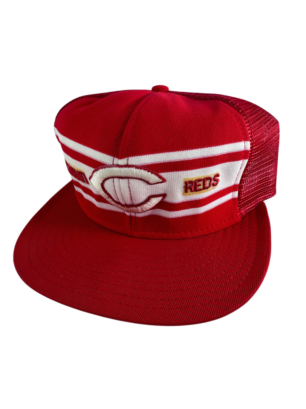 A red and white trucker-style baseball cap with a structured front panel, white stripes, a baseball logo, and 'REDS' embroidered on the side, shown against a plain white background.