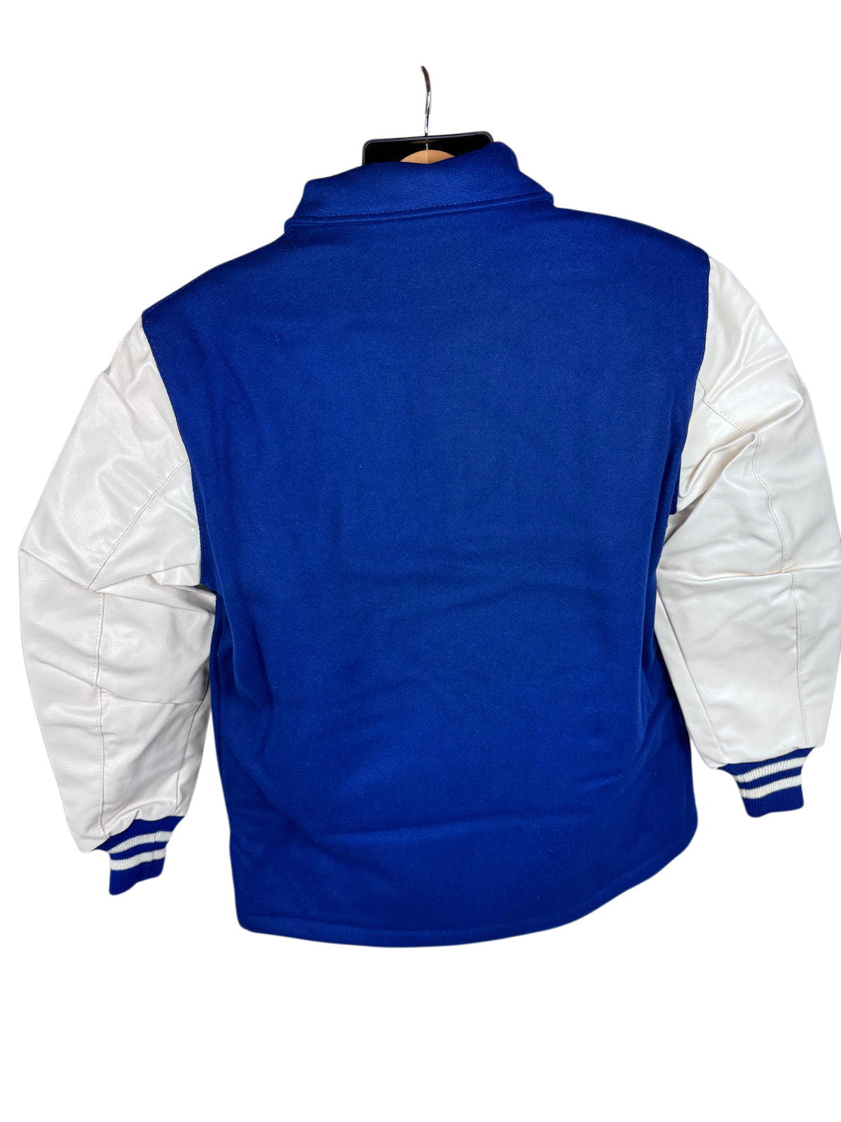 A blue and white varsity-style jacket shown from the back, hanging on a black hanger against a plain white background.