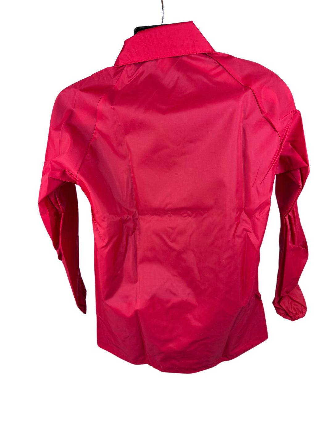 A red long-sleeve snap front nylon jacket shown from the back, hanging on a black hanger against a plain white background.