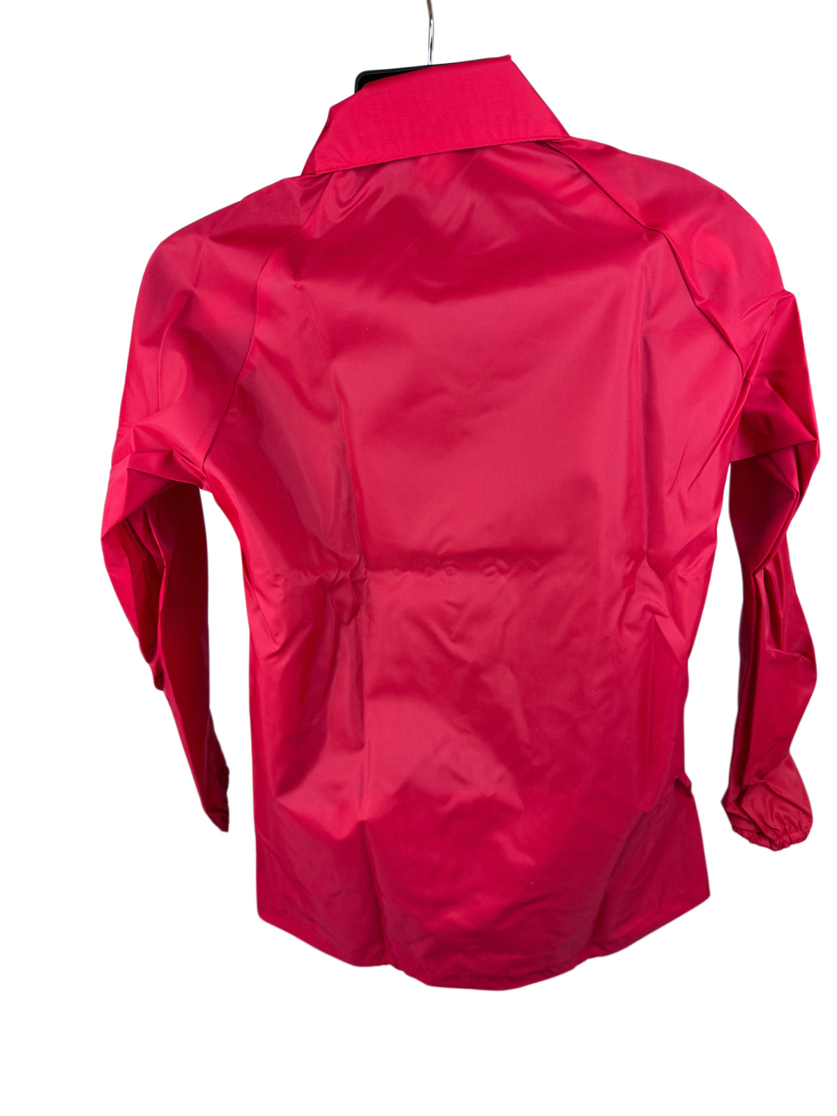 A red long-sleeve snap front nylon jacket shown from the back, hanging on a black hanger against a plain white background.