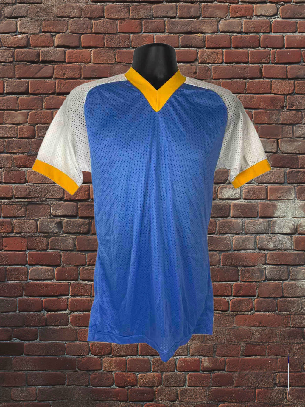 Vintage Russell Athletic nylon mesh jersey front - royal blue body white raglan sleeves old gold trim