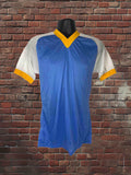 Vintage Russell Athletic nylon mesh jersey front - royal blue body white raglan sleeves old gold trim