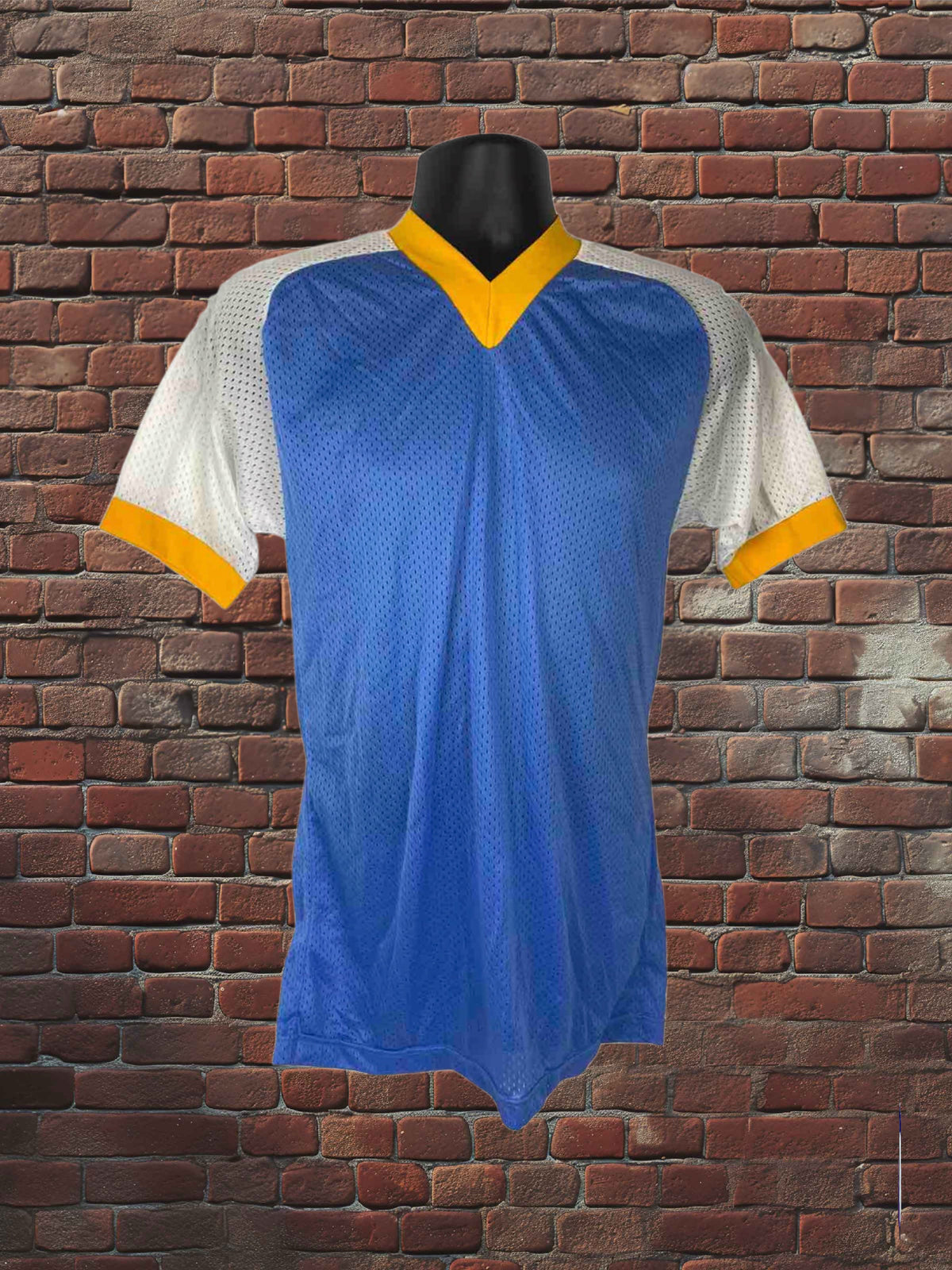 Vintage Russell Athletic nylon mesh jersey front - royal blue body white raglan sleeves old gold trim