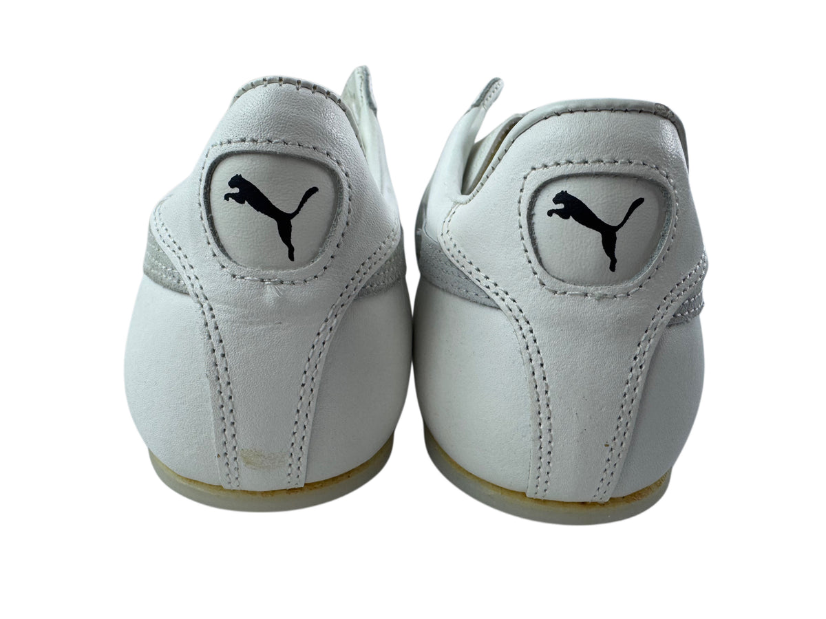 A pair of white Puma sneakers shown from the back, featuring the iconic black leaping cat logo on the heel counters, set against a plain white background.