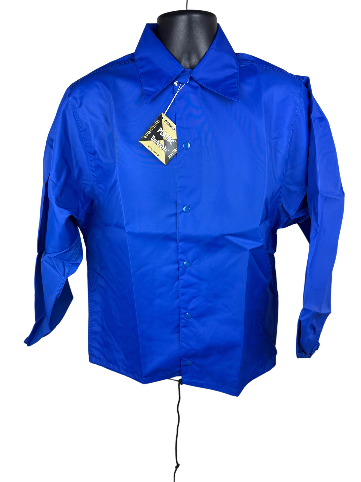 A bright royal blue long-sleeve snap-front nylon jacket displayed on a black mannequin torso against a plain white background. A hangtag is attached near the collar.