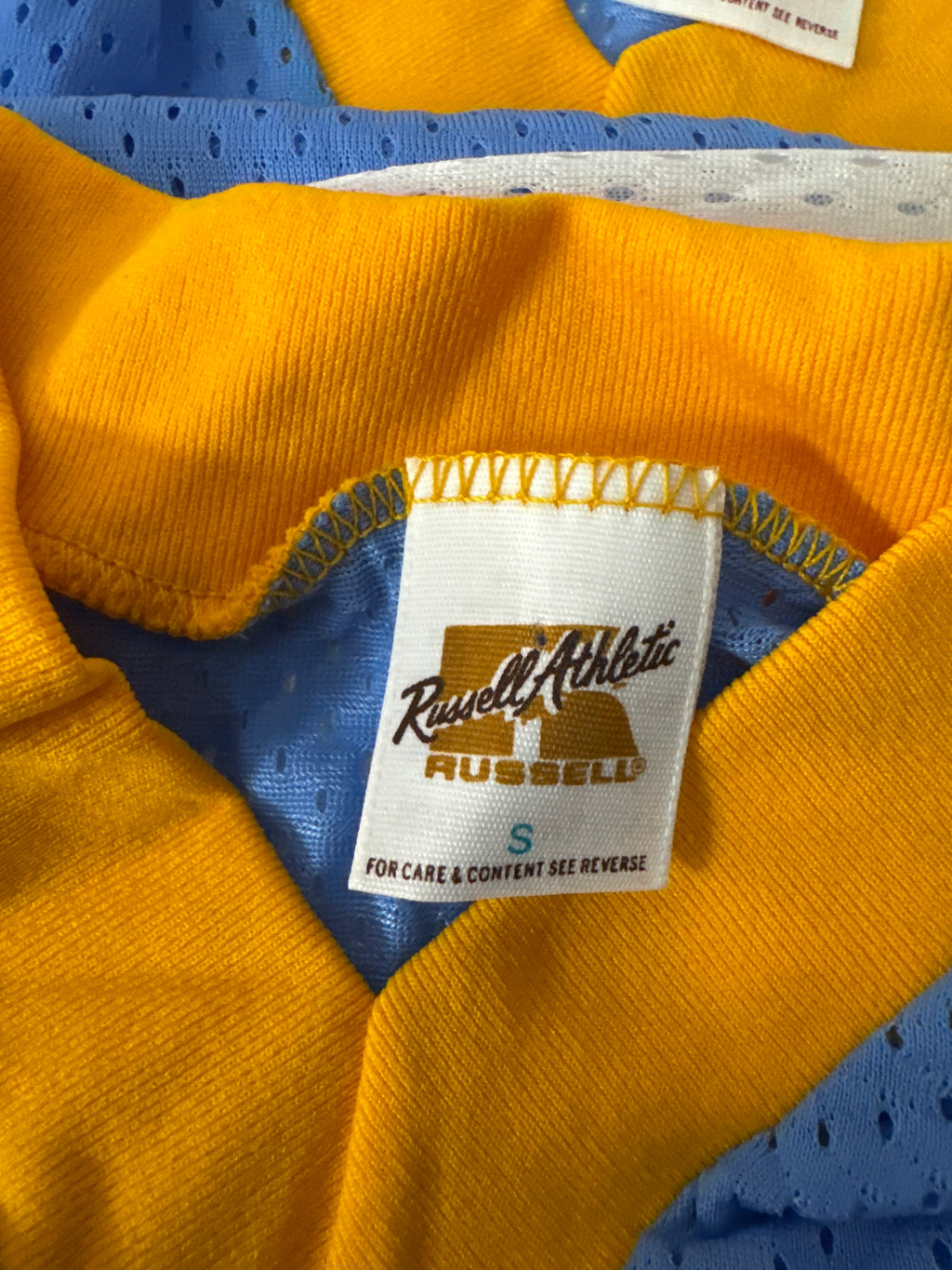 Vintage Russell Athletic Nylon Mesh Jersey Columbia Blue-Gold White Deadstock