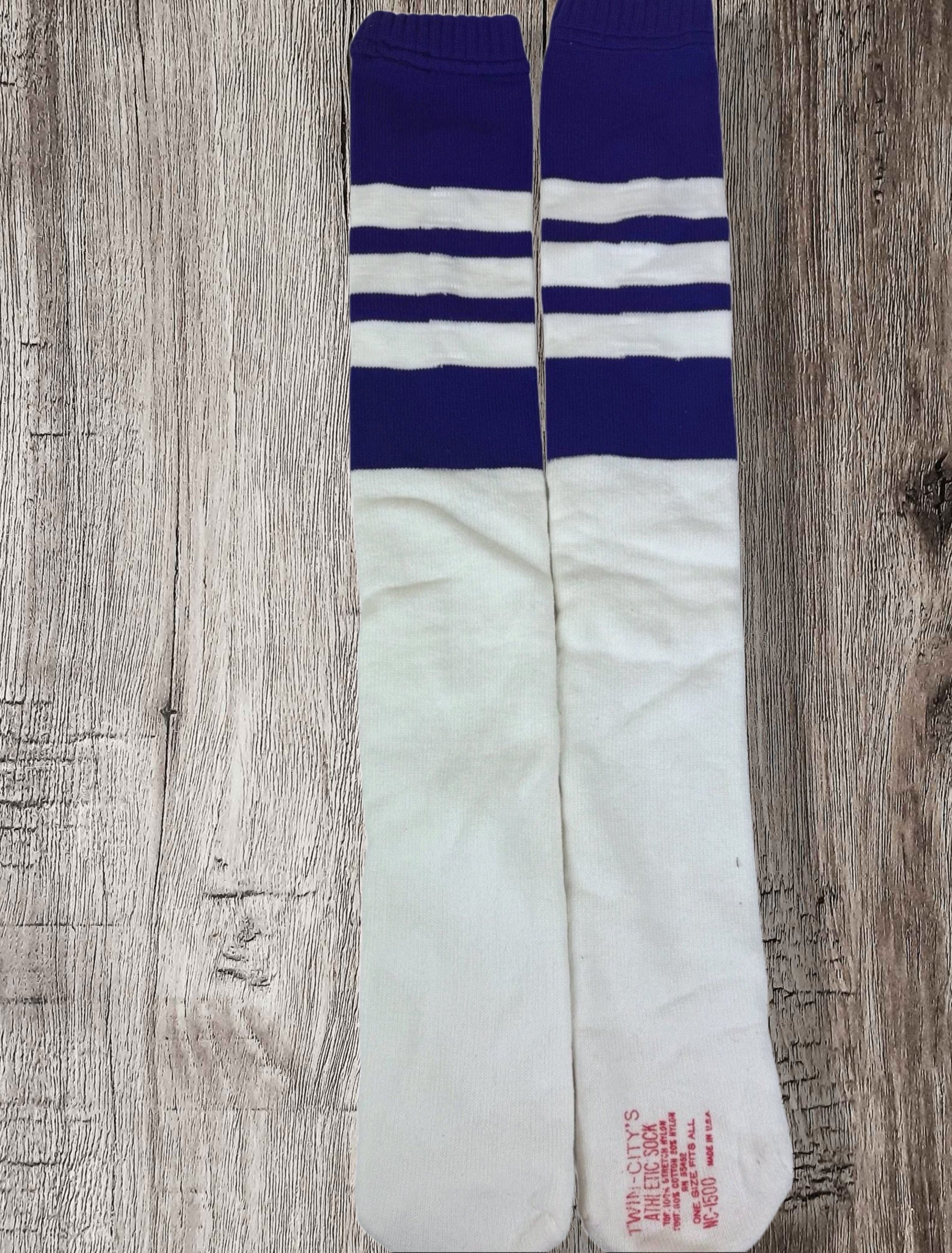 Vintage Twin City's Tube Socks Deadstock Knee High White-Purple Striped Made in USA