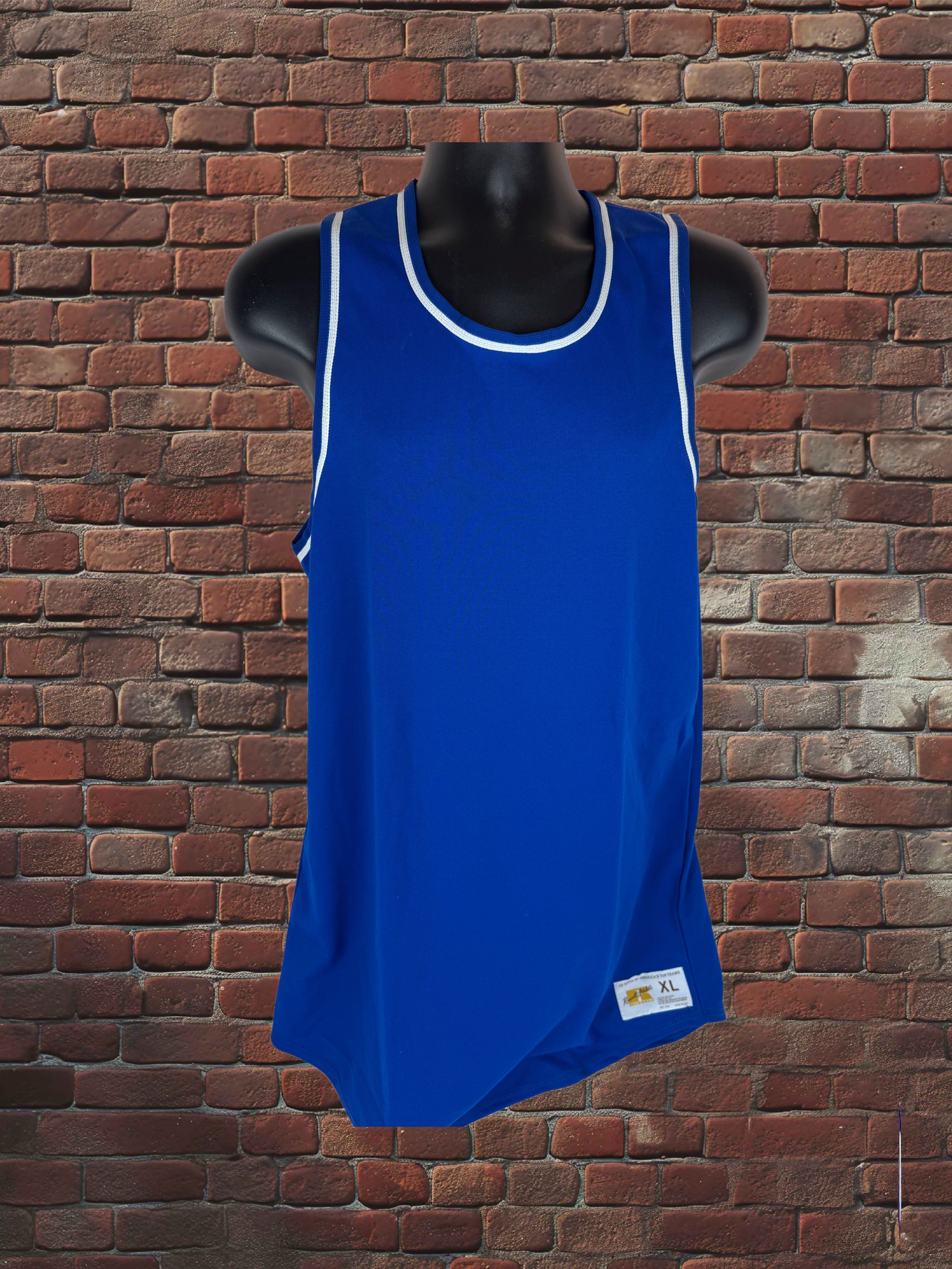 Drop Zero — Outfit 5 (XL) — Russell Gold‑Tag Tank Top + Russell Gym Shorts + Stirrup Socks