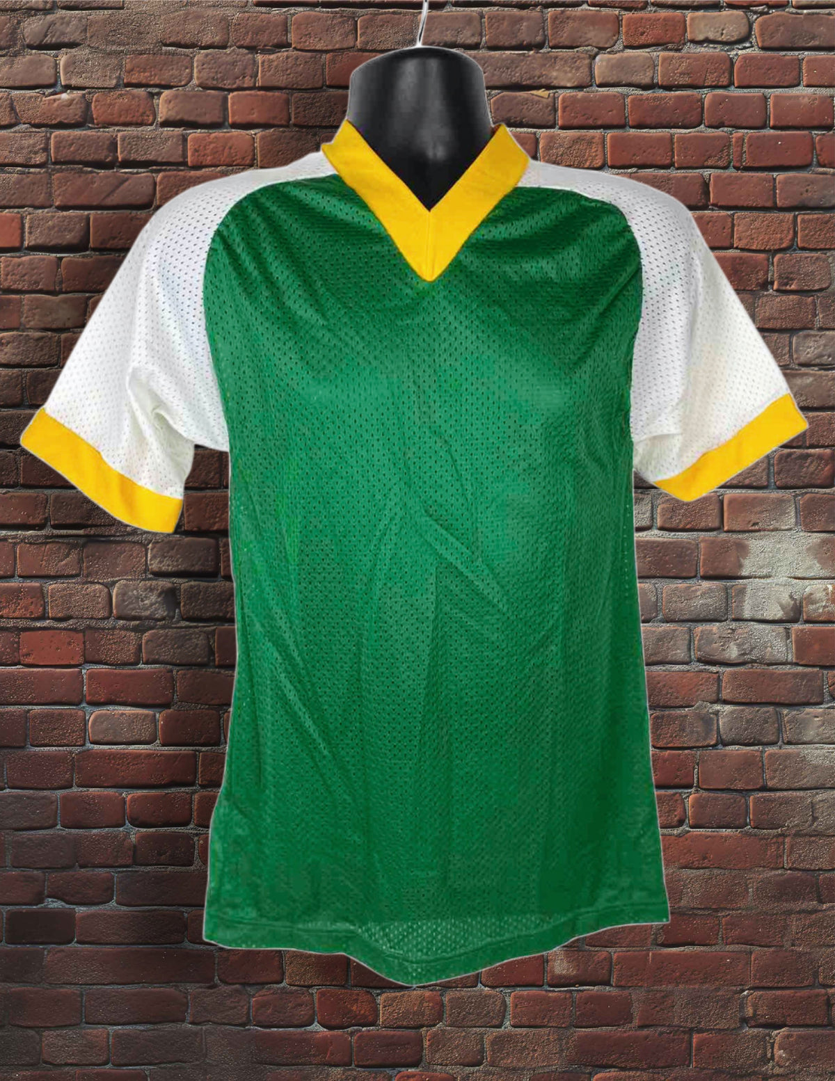 Vintage Russell Athletic Small 1970s Gold-Tag Nylon Mesh Jersey Green Gold White Deadstock