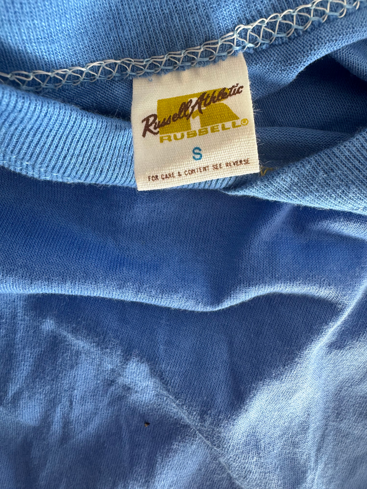 Vintage Russell Athletic Small Gold-Tag Streetwear T‑Shirt Deadstock NWOT-Columbia Blue/Gold