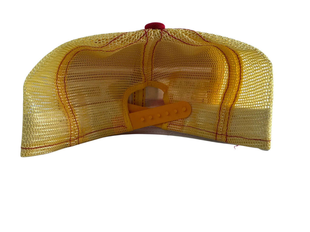 A yellow mesh trucker-style cap viewed from the back, featuring a yellow plastic snap closure and a small red button on top, isolated on a white background.