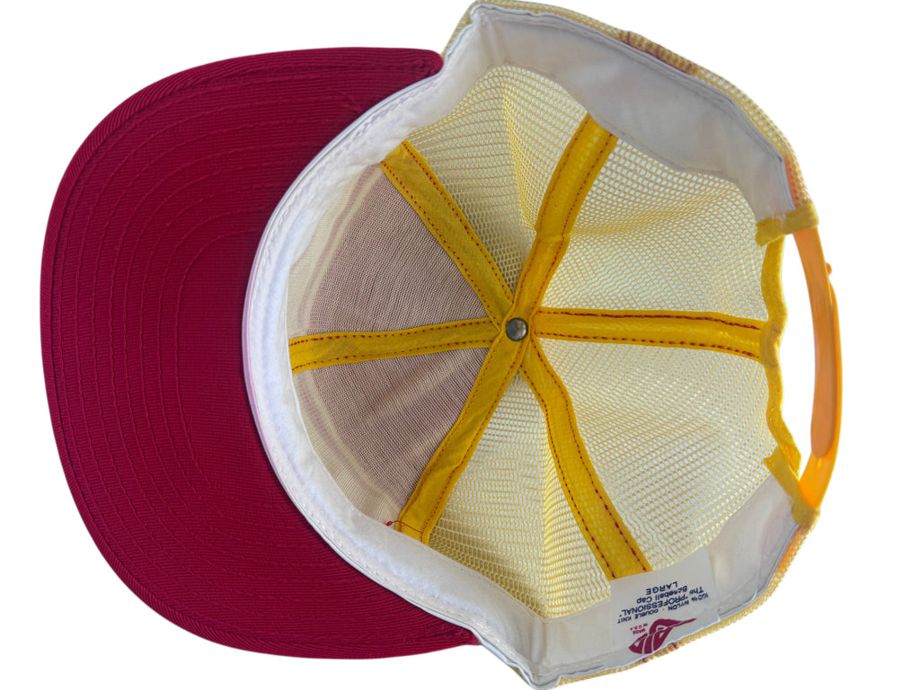 A top-down view of a baseball cap showing a dark red visor, a white and yellow mesh back, and yellow stitching details.