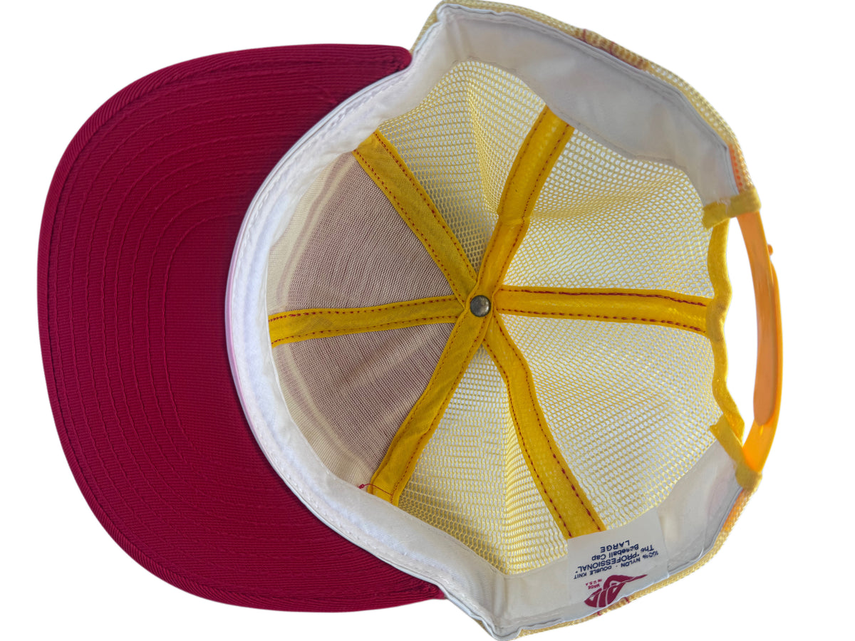 A top-down view of a baseball cap showing a dark red visor, a white and yellow mesh back, and yellow stitching details.