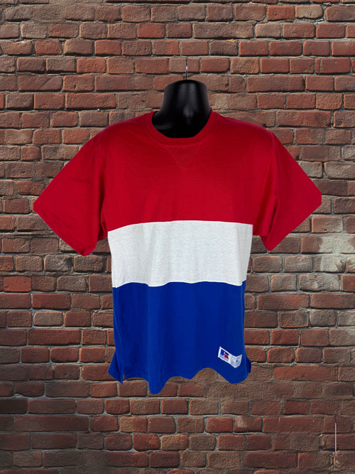 Drop Zero — Outfit 3 (Medium) — Russell Three‑Panel Tee + Gym Shorts + Tube Socks + AJD Hat — Red/White/Blue