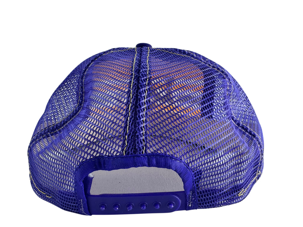 A close-up rear view of a blue mesh trucker cap on a solid white background.