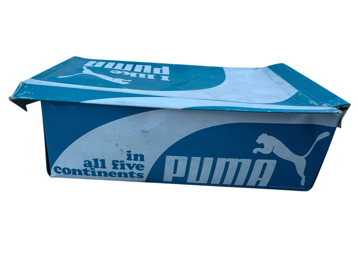 A vintage blue and white Puma shoebox with the classic leaping cat logo and 'PUMA' branding, isolated on a white background.