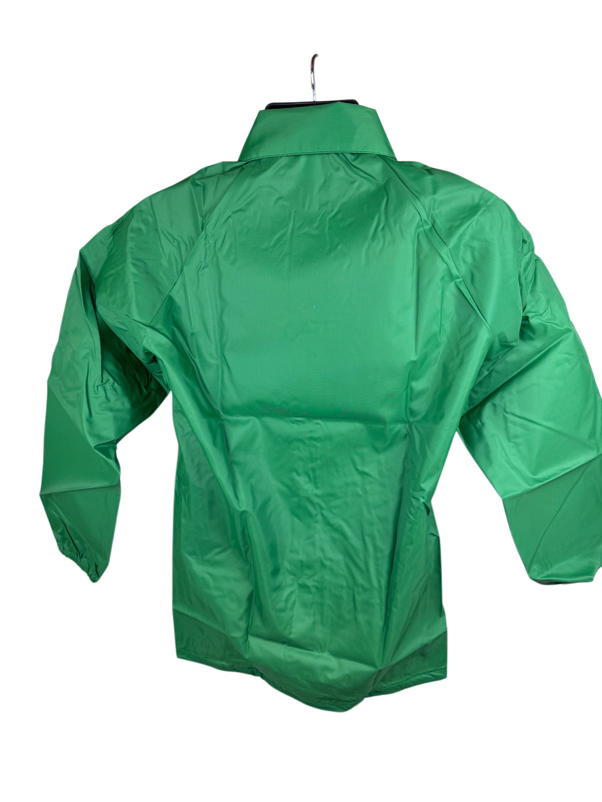 A bright green long-sleeve jacket or windbreaker displayed on a hanger against a plain white background.
