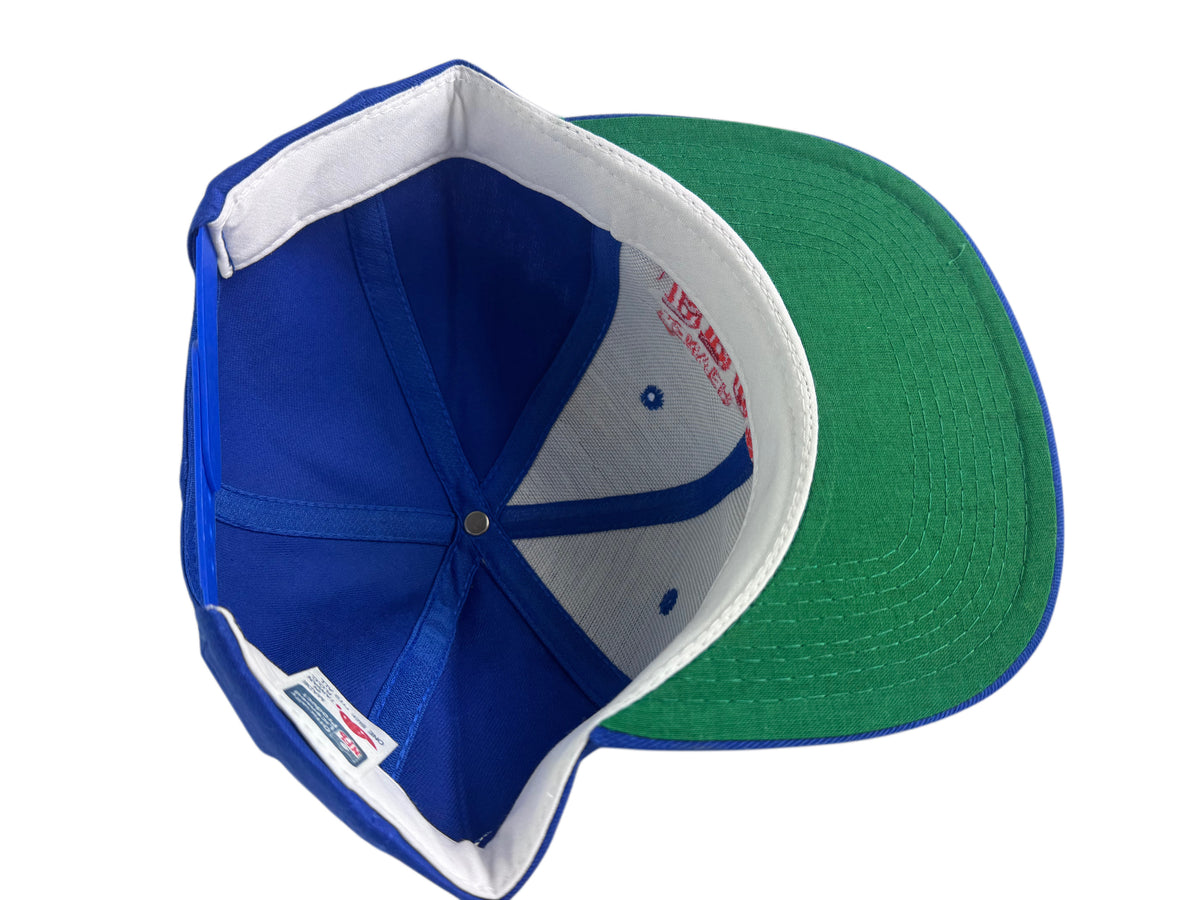 A structured baseball cap shown from an overhead angle, featuring a royal blue crown, a green flat visor, and a white fabric lining.